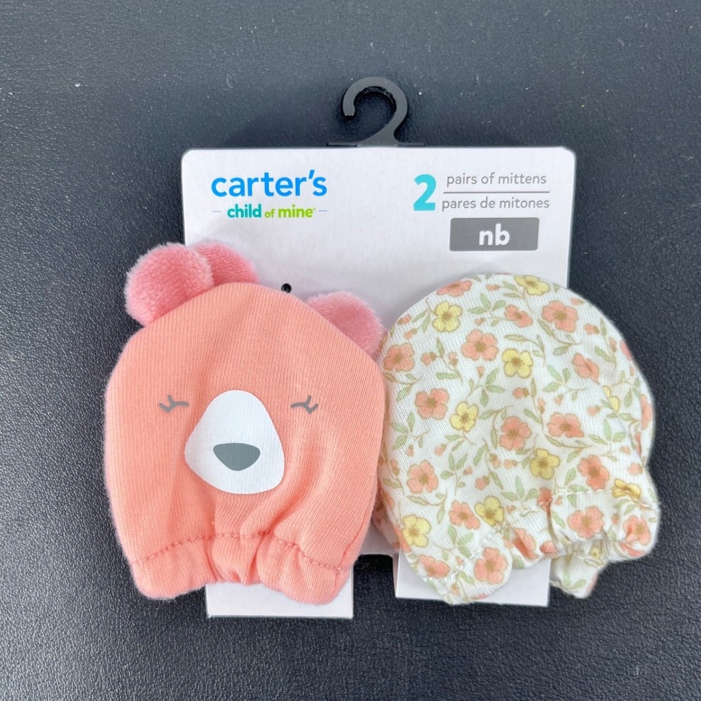 Newborn Mitten Set Girls Pink Floral Bear 2 Pack Carter's Child of Mine NEW